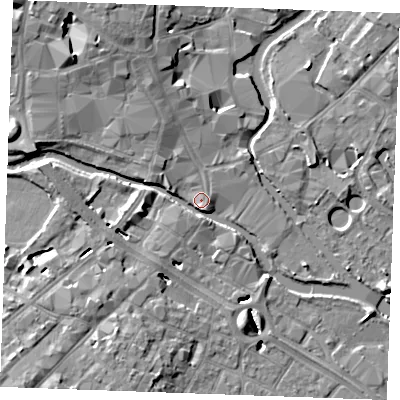 Shaded relief map of the ground around CM11DN, computed from Environment Agency LiDAR. The ground here sits at about 25 m above sea level and falls 10 m across the surrounding 800 m. Surface water reaching this point runs off ground lying to the north-west, 7.9 m higher.