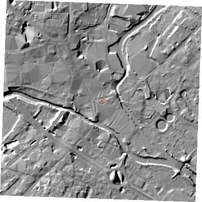 Shaded relief map of the ground around CM11DP, computed from Environment Agency LiDAR. The ground here sits at about 24 m above sea level and falls 10 m across the surrounding 800 m. Surface water reaching this point runs off ground lying to the north-west, 5.0 m higher.