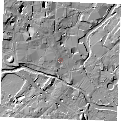 Shaded relief map of the ground around CM11EJ, computed from Environment Agency LiDAR. The ground here sits at about 25 m above sea level and falls 14 m across the surrounding 800 m. Surface water reaching this point runs off ground lying to the north-west, 4.1 m higher.