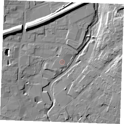 Shaded relief map of the ground around CM11FG, computed from Environment Agency LiDAR. The ground here sits at about 25 m above sea level and falls 16 m across the surrounding 800 m. Surface water reaching this point runs off ground lying to the north-north-west, 1.2 m higher.