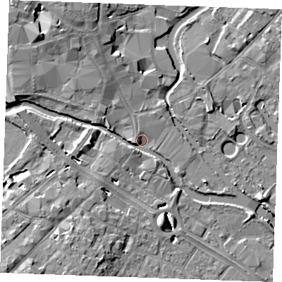 Shaded relief map of the ground around CM11FU, computed from Environment Agency LiDAR. The ground here sits at about 23 m above sea level and falls 10 m across the surrounding 800 m. Surface water reaching this point runs off ground lying to the north-west, 7.9 m higher.