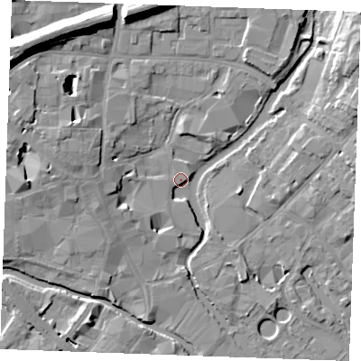 Shaded relief map of the ground around CM11GD, computed from Environment Agency LiDAR. The ground here sits at about 24 m above sea level and falls 17 m across the surrounding 800 m. Surface water reaching this point runs off ground lying to the west, 5.5 m higher.