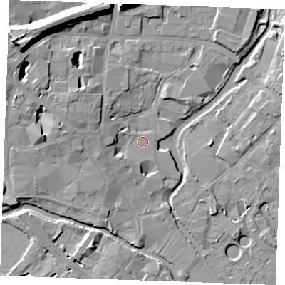 Shaded relief map of the ground around CM11GH, computed from Environment Agency LiDAR. The ground here sits at about 25 m above sea level and falls 17 m across the surrounding 800 m. Surface water reaching this point runs off ground lying to the west-north-west, 4.0 m higher.