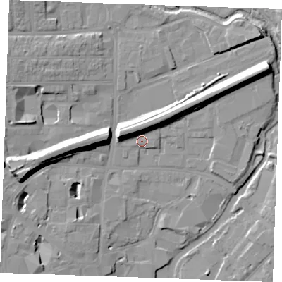 Shaded relief map of the ground around CM11GL, computed from Environment Agency LiDAR. The ground here sits at about 26 m above sea level and falls 16 m across the surrounding 800 m. Surface water reaching this point runs off ground lying to the west-north-west, 9.4 m higher.
