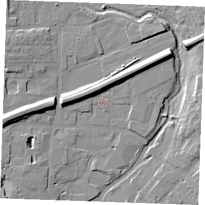 Shaded relief map of the ground around CM11JF, computed from Environment Agency LiDAR. The ground here sits at about 26 m above sea level and falls 14 m across the surrounding 800 m. Surface water reaching this point runs off ground lying to the south-east, 0.7 m higher.
