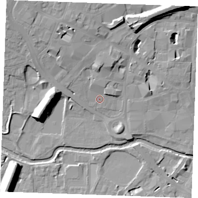 Shaded relief map of the ground around CM11JN, computed from Environment Agency LiDAR. The ground here sits at about 27 m above sea level and falls 17 m across the surrounding 800 m. Surface water reaching this point runs off ground lying to the north, 3.1 m higher.