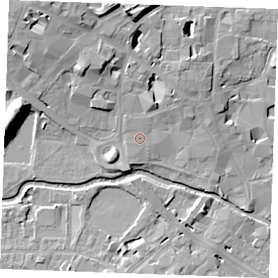 Shaded relief map of the ground around CM11LE, computed from Environment Agency LiDAR. The ground here sits at about 26 m above sea level and falls 17 m across the surrounding 800 m. Surface water reaching this point runs off ground lying to the north-east, 1.7 m higher.