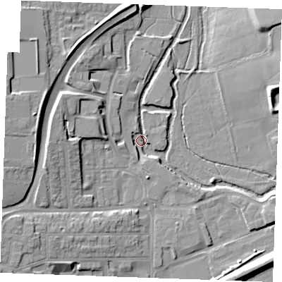 Shaded relief map of the ground around CM11LG, computed from Environment Agency LiDAR. The ground here sits at about 26 m above sea level and falls 15 m across the surrounding 800 m. Surface water reaching this point runs off ground lying to the west, 11.3 m higher.