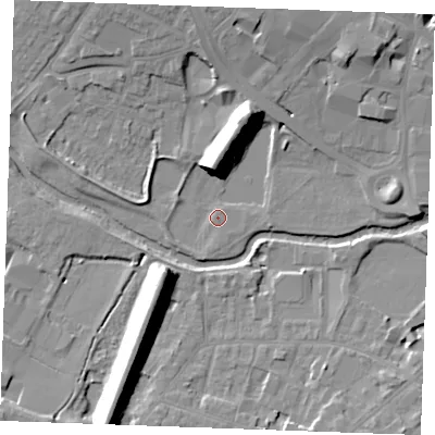 Shaded relief map of the ground around CM11LQ, computed from Environment Agency LiDAR. The ground here sits at about 24 m above sea level and falls 15 m across the surrounding 800 m. Surface water reaching this point runs off ground lying to the north-north-east, 13.2 m higher.