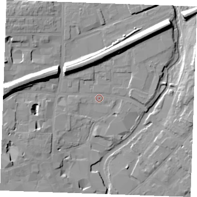 Shaded relief map of the ground around CM11PA, computed from Environment Agency LiDAR. The ground here sits at about 25 m above sea level and falls 16 m across the surrounding 800 m. Surface water reaching this point runs off ground lying to the west, 14.0 m higher.