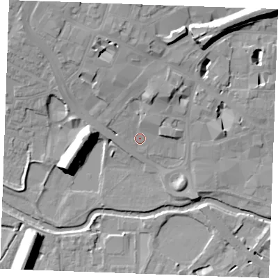 Shaded relief map of the ground around CM11PB, computed from Environment Agency LiDAR. The ground here sits at about 27 m above sea level and falls 17 m across the surrounding 800 m. Surface water reaching this point runs off ground lying to the north-north-east, 6.5 m higher.