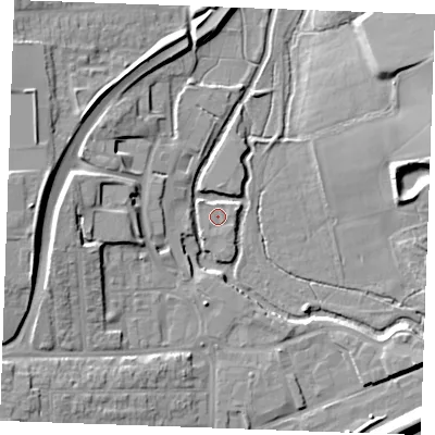 Shaded relief map of the ground around CM11PD, computed from Environment Agency LiDAR. The ground here sits at about 26 m above sea level and falls 15 m across the surrounding 800 m. Surface water reaching this point runs off ground lying to the east, 0.7 m higher.