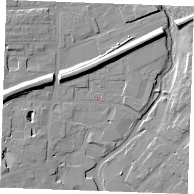 Shaded relief map of the ground around CM11PU, computed from Environment Agency LiDAR. The ground here sits at about 25 m above sea level and falls 14 m across the surrounding 800 m. Surface water reaching this point runs off ground lying to the west, 13.0 m higher.