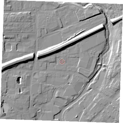 Shaded relief map of the ground around CM11QY, computed from Environment Agency LiDAR. The ground here sits at about 25 m above sea level and falls 14 m across the surrounding 800 m. Surface water reaching this point runs off ground lying to the north-north-east, 1.0 m higher.