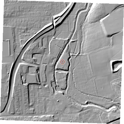 Shaded relief map of the ground around CM11RB, computed from Environment Agency LiDAR. The ground here sits at about 26 m above sea level and falls 15 m across the surrounding 800 m. Surface water reaching this point runs off ground lying to the north-north-west, 2.5 m higher.