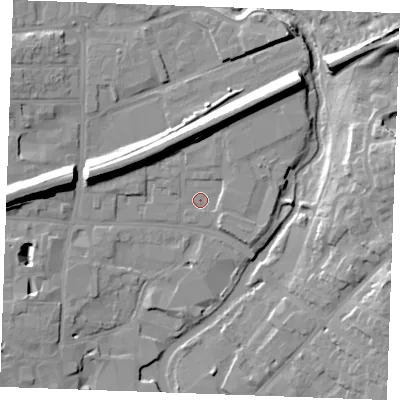 Shaded relief map of the ground around CM11SL, computed from Environment Agency LiDAR. The ground here sits at about 25 m above sea level and falls 14 m across the surrounding 800 m. Surface water reaching this point runs off ground lying to the north-north-east, 9.7 m higher.
