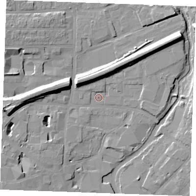 Shaded relief map of the ground around CM11SP, computed from Environment Agency LiDAR. The ground here sits at about 25 m above sea level and falls 16 m across the surrounding 800 m. Surface water reaching this point runs off ground lying to the north-north-east, 1.7 m higher.