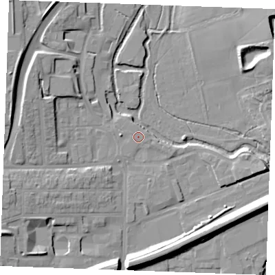 Shaded relief map of the ground around CM11SQ, computed from Environment Agency LiDAR. The ground here sits at about 27 m above sea level and falls 15 m across the surrounding 800 m. Surface water reaching this point runs off ground lying to the west-north-west, 8.2 m higher.