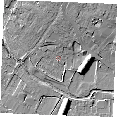 Shaded relief map of the ground around CM11TN, computed from Environment Agency LiDAR. The ground here sits at about 26 m above sea level and falls 14 m across the surrounding 800 m. Surface water reaching this point runs off ground lying to the north-north-east, 2.9 m higher.