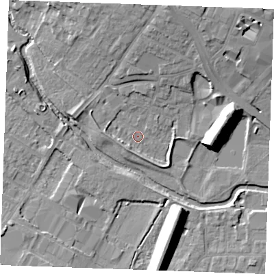 Shaded relief map of the ground around CM11TP, computed from Environment Agency LiDAR. The ground here sits at about 24 m above sea level and falls 14 m across the surrounding 800 m. Surface water reaching this point runs off ground lying to the east-north-east, 13.5 m higher.