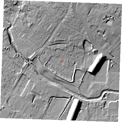 Shaded relief map of the ground around CM11TQ, computed from Environment Agency LiDAR. The ground here sits at about 25 m above sea level and falls 14 m across the surrounding 800 m. Surface water reaching this point runs off ground lying to the east, 13.5 m higher.