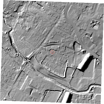 Shaded relief map of the ground around CM11TW, computed from Environment Agency LiDAR. The ground here sits at about 27 m above sea level and falls 14 m across the surrounding 800 m. Surface water reaching this point runs off ground lying to the north, 1.5 m higher.