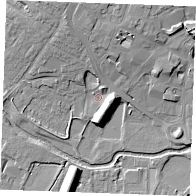 Shaded relief map of the ground around CM11WZ, computed from Environment Agency LiDAR. The ground here sits at about 26 m above sea level and falls 16 m across the surrounding 800 m. Surface water reaching this point runs off ground lying to the east-south-east, 10.7 m higher.