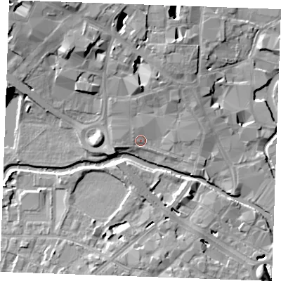 Shaded relief map of the ground around CM11XF, computed from Environment Agency LiDAR. The ground here sits at about 26 m above sea level and falls 15 m across the surrounding 800 m. Surface water reaching this point runs off ground lying to the north, 3.0 m higher.