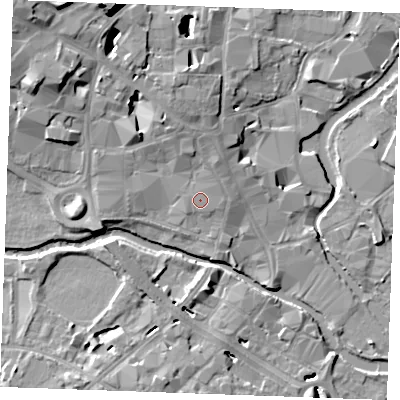 Shaded relief map of the ground around CM11XG, computed from Environment Agency LiDAR. The ground here sits at about 26 m above sea level and falls 17 m across the surrounding 800 m. The ground contributing surface water to this point lies to the north-east.