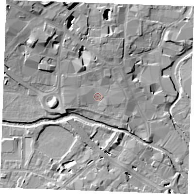 Shaded relief map of the ground around CM11XL, computed from Environment Agency LiDAR. The ground here sits at about 26 m above sea level and falls 17 m across the surrounding 800 m. Surface water reaching this point runs off ground lying to the north, 4.4 m higher.