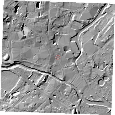 Shaded relief map of the ground around CM11YJ, computed from Environment Agency LiDAR. The ground here sits at about 25 m above sea level and falls 16 m across the surrounding 800 m. Surface water reaching this point runs off ground lying to the north-west, 7.1 m higher.