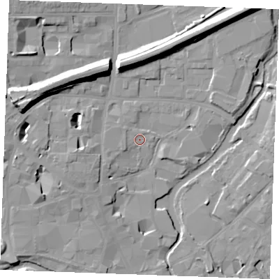 Shaded relief map of the ground around CM11YQ, computed from Environment Agency LiDAR. The ground here sits at about 25 m above sea level and falls 17 m across the surrounding 800 m. Surface water reaching this point runs off ground lying to the west, 2.6 m higher.