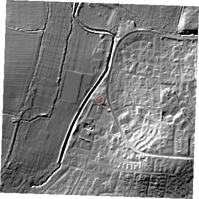 Shaded relief map of the ground around CM120GG, computed from Environment Agency LiDAR. The ground here sits at about 48 m above sea level and falls 20 m across the surrounding 800 m. Surface water reaching this point runs off ground lying to the north-east, 1.1 m higher.
