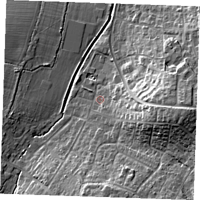 Shaded relief map of the ground around CM120LE, computed from Environment Agency LiDAR. The ground here sits at about 49 m above sea level and falls 20 m across the surrounding 800 m. Surface water reaching this point runs off ground lying to the east, 14.6 m higher.