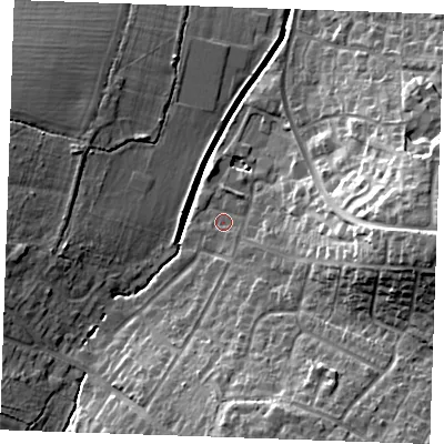 Shaded relief map of the ground around CM120LG, computed from Environment Agency LiDAR. The ground here sits at about 48 m above sea level and falls 19 m across the surrounding 800 m. Surface water reaching this point runs off ground lying to the south-south-east, 1.4 m higher.