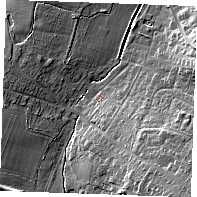 Shaded relief map of the ground around CM120LN, computed from Environment Agency LiDAR. The ground here sits at about 50 m above sea level and falls 20 m across the surrounding 800 m. Surface water reaching this point runs off ground lying to the south-east, 14.8 m higher.