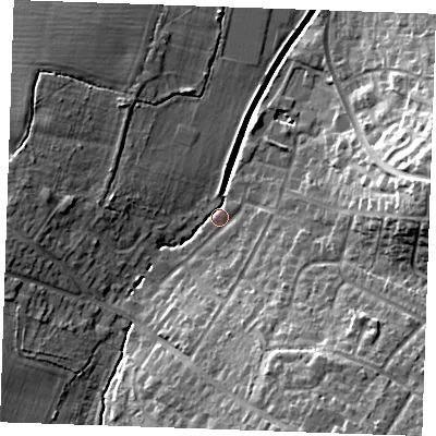 Shaded relief map of the ground around CM120LW, computed from Environment Agency LiDAR. The ground here sits at about 49 m above sea level and falls 17 m across the surrounding 800 m. Surface water reaching this point runs off ground lying to the west, 8.0 m higher.