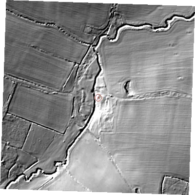 Shaded relief map of the ground around CM120TS, computed from Environment Agency LiDAR. The ground here sits at about 45 m above sea level and falls 13 m across the surrounding 800 m. Surface water reaching this point runs off ground lying to the south-south-east, 12.6 m higher.
