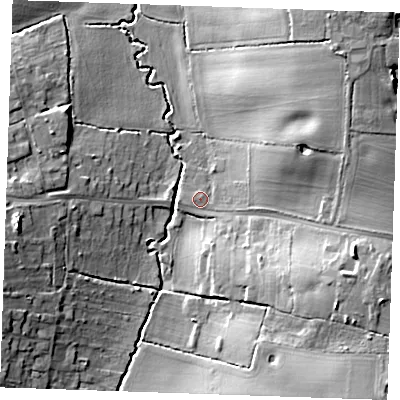 Shaded relief map of the ground around CM129HT, computed from Environment Agency LiDAR. The ground here sits at about 50 m above sea level and falls 18 m across the surrounding 800 m. Surface water reaching this point runs off ground lying to the north-east, 14.3 m higher.