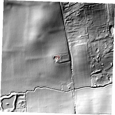 Shaded relief map of the ground around CM129UA, computed from Environment Agency LiDAR. The ground here sits at about 36 m above sea level and falls 24 m across the surrounding 800 m. Surface water reaching this point runs off ground lying to the north-north-east, 2.2 m higher.