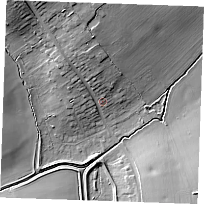 Shaded relief map of the ground around CM129UN, computed from Environment Agency LiDAR. The ground here sits at about 28 m above sea level and falls 23 m across the surrounding 800 m. Surface water reaching this point runs off ground lying to the north-west, 13.9 m higher.