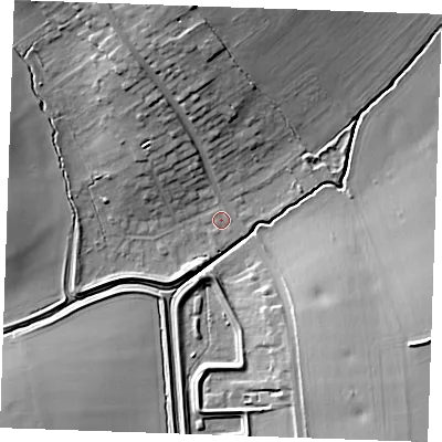 Shaded relief map of the ground around CM129UP, computed from Environment Agency LiDAR. The ground here sits at about 25 m above sea level and falls 15 m across the surrounding 800 m. Surface water reaching this point runs off ground lying to the north-north-west, 11.7 m higher.