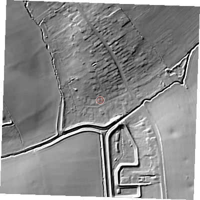 Shaded relief map of the ground around CM129UR, computed from Environment Agency LiDAR. The ground here sits at about 25 m above sea level and falls 15 m across the surrounding 800 m. Surface water reaching this point runs off ground lying to the north-north-west, 5.5 m higher.