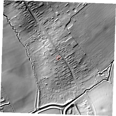 Shaded relief map of the ground around CM129UX, computed from Environment Agency LiDAR. The ground here sits at about 33 m above sea level and falls 29 m across the surrounding 800 m. Surface water reaching this point runs off ground lying to the south, 1.4 m higher.