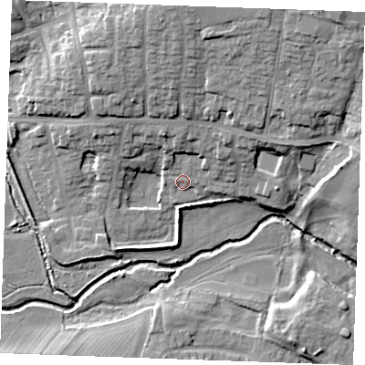 Shaded relief map of the ground around CM12GR, computed from Environment Agency LiDAR. The ground here sits at about 28 m above sea level and falls 18 m across the surrounding 800 m. Surface water reaching this point runs off ground lying to the north-north-east, 13.3 m higher.