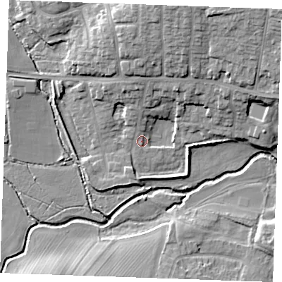 Shaded relief map of the ground around CM12NJ, computed from Environment Agency LiDAR. The ground here sits at about 27 m above sea level and falls 17 m across the surrounding 800 m. Surface water reaching this point runs off ground lying to the north, 12.0 m higher.
