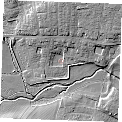 Shaded relief map of the ground around CM12NL, computed from Environment Agency LiDAR. The ground here sits at about 25 m above sea level and falls 17 m across the surrounding 800 m. Surface water reaching this point runs off ground lying to the north, 14.7 m higher.