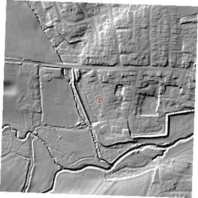 Shaded relief map of the ground around CM12NR, computed from Environment Agency LiDAR. The ground here sits at about 27 m above sea level and falls 17 m across the surrounding 800 m. Surface water reaching this point runs off ground lying to the north-north-east, 12.0 m higher.