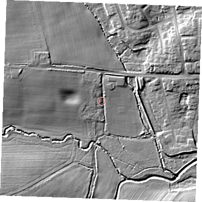 Shaded relief map of the ground around CM12NS, computed from Environment Agency LiDAR. The ground here sits at about 29 m above sea level and falls 14 m across the surrounding 800 m. Surface water reaching this point runs off ground lying to the north-west, 3.4 m higher.