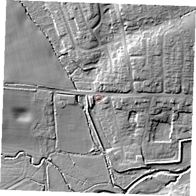 Shaded relief map of the ground around CM12NT, computed from Environment Agency LiDAR. The ground here sits at about 28 m above sea level and falls 18 m across the surrounding 800 m. Surface water reaching this point runs off ground lying to the north-east, 9.8 m higher.